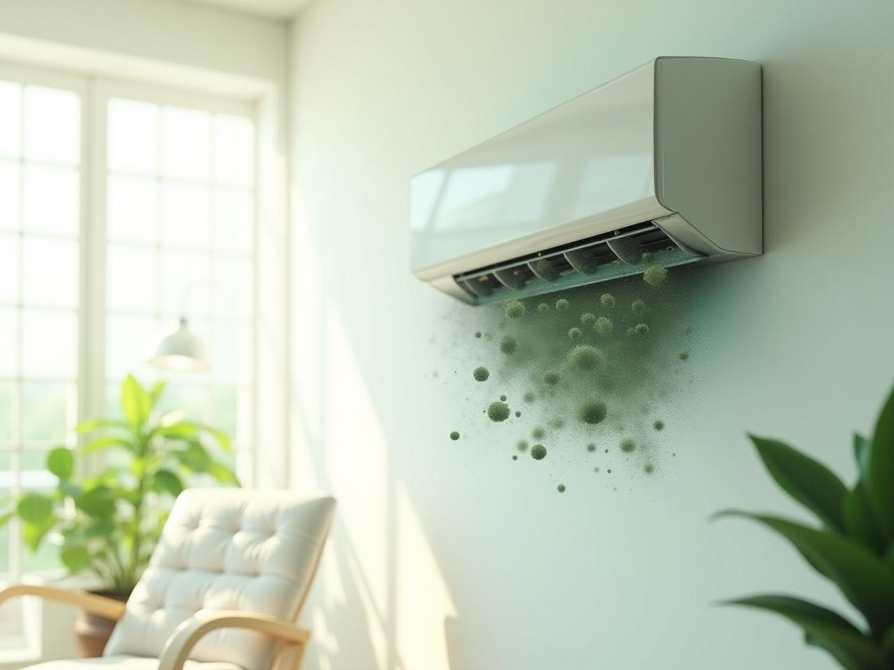 エアコン内部から部屋に広がる見えないカビや汚れのイメージ