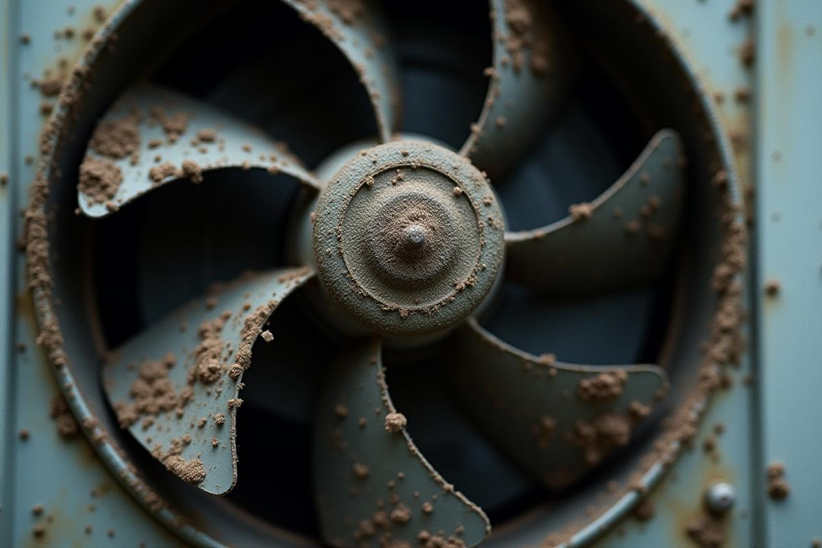 分解したエアコンのファンにびっしり付着した黒カビの拡大写真