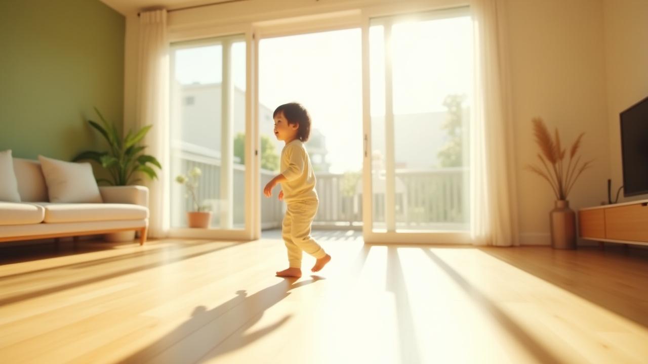 日差しの入る明るいリビングでくつろぐ家族