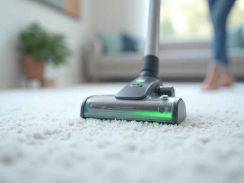業務用の強力なHEPAフィルター付き掃除機でカーペットを清掃している様子