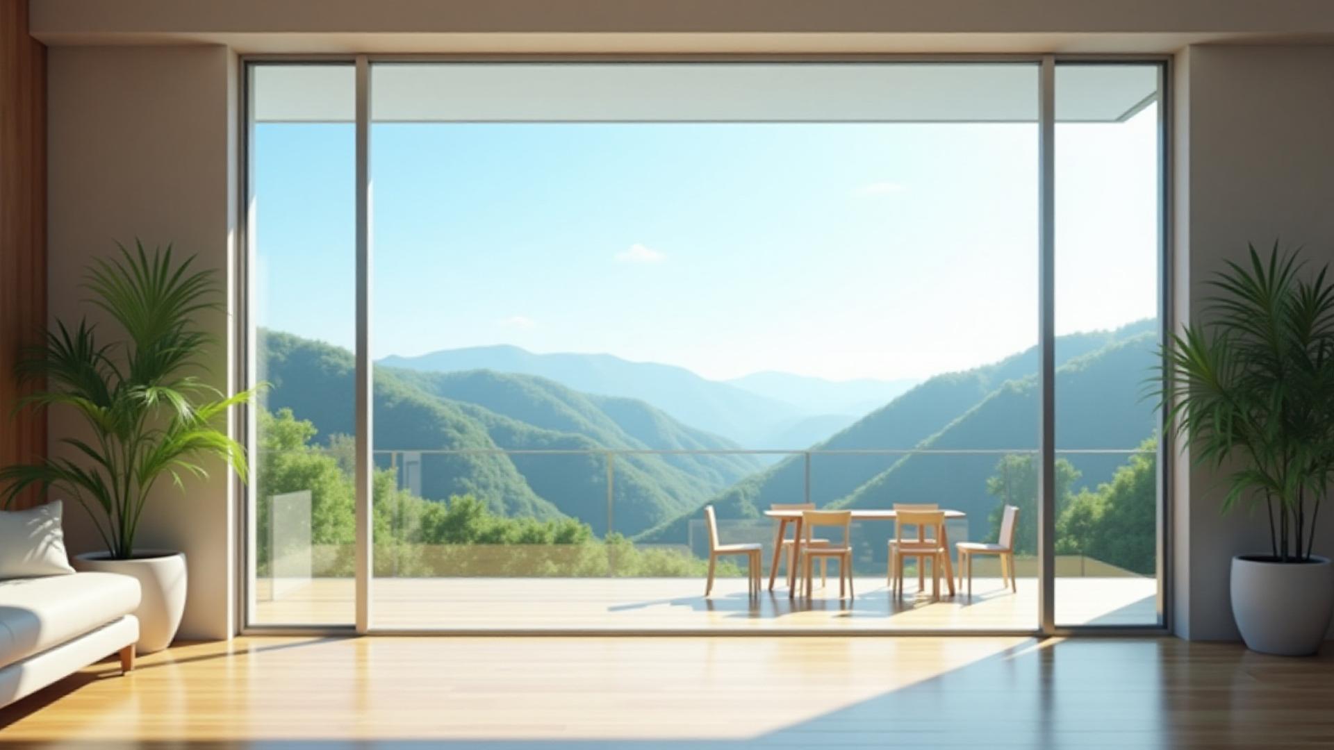 一戸町の美しい山並みが見渡せる、透明でピカピカに磨かれた大きなリビングの窓